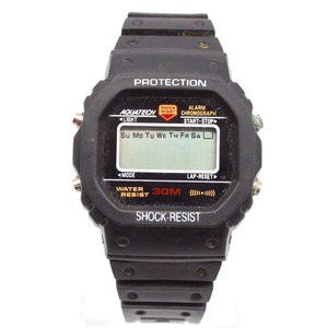 Vintage AQUATECH Digital Watch Mens Black Tone Stainless Steel Shock-Resistance